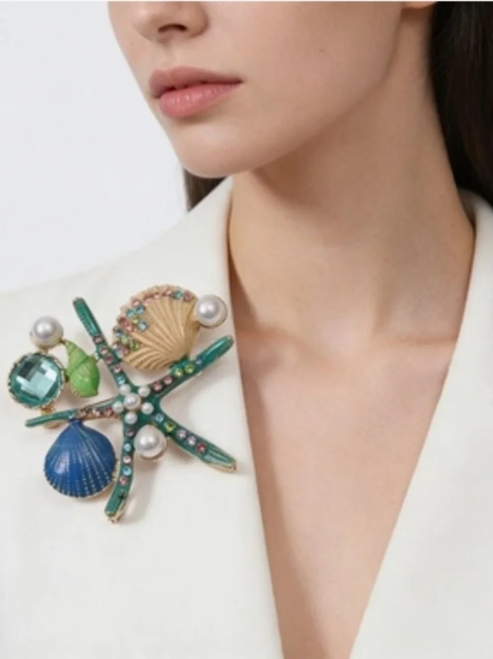 Vintage Starfish Conch Shell Coral Brooch Pins,Rhinestone Enamel Lapel Pins